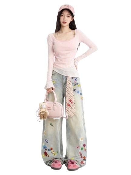 Graphic Wide-Leg Embroidered Jeans