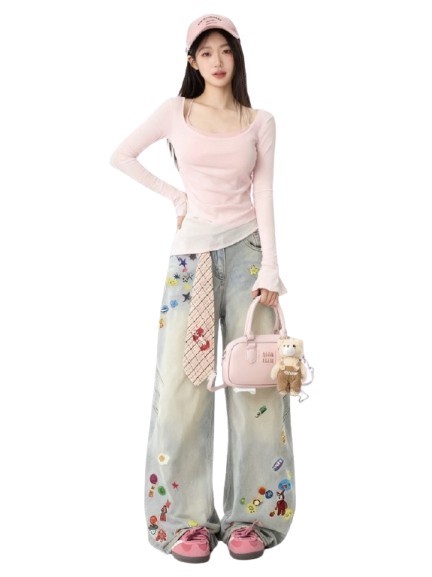 Graphic Wide-Leg Embroidered Jeans