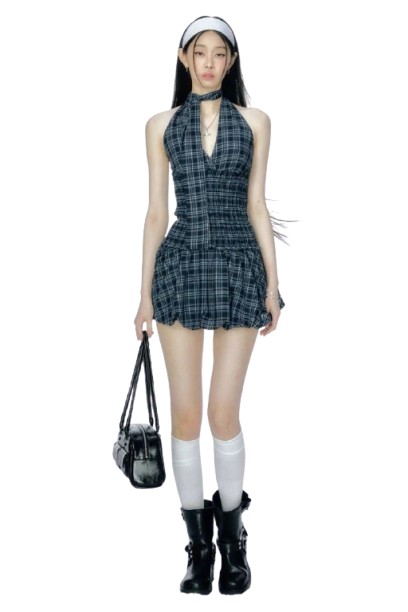 Plaid Halter Mini Dress