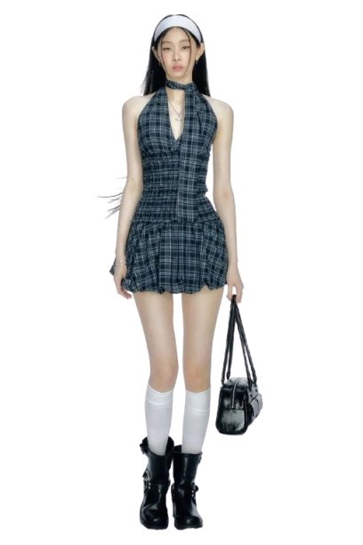 Plaid Halter Mini Dress